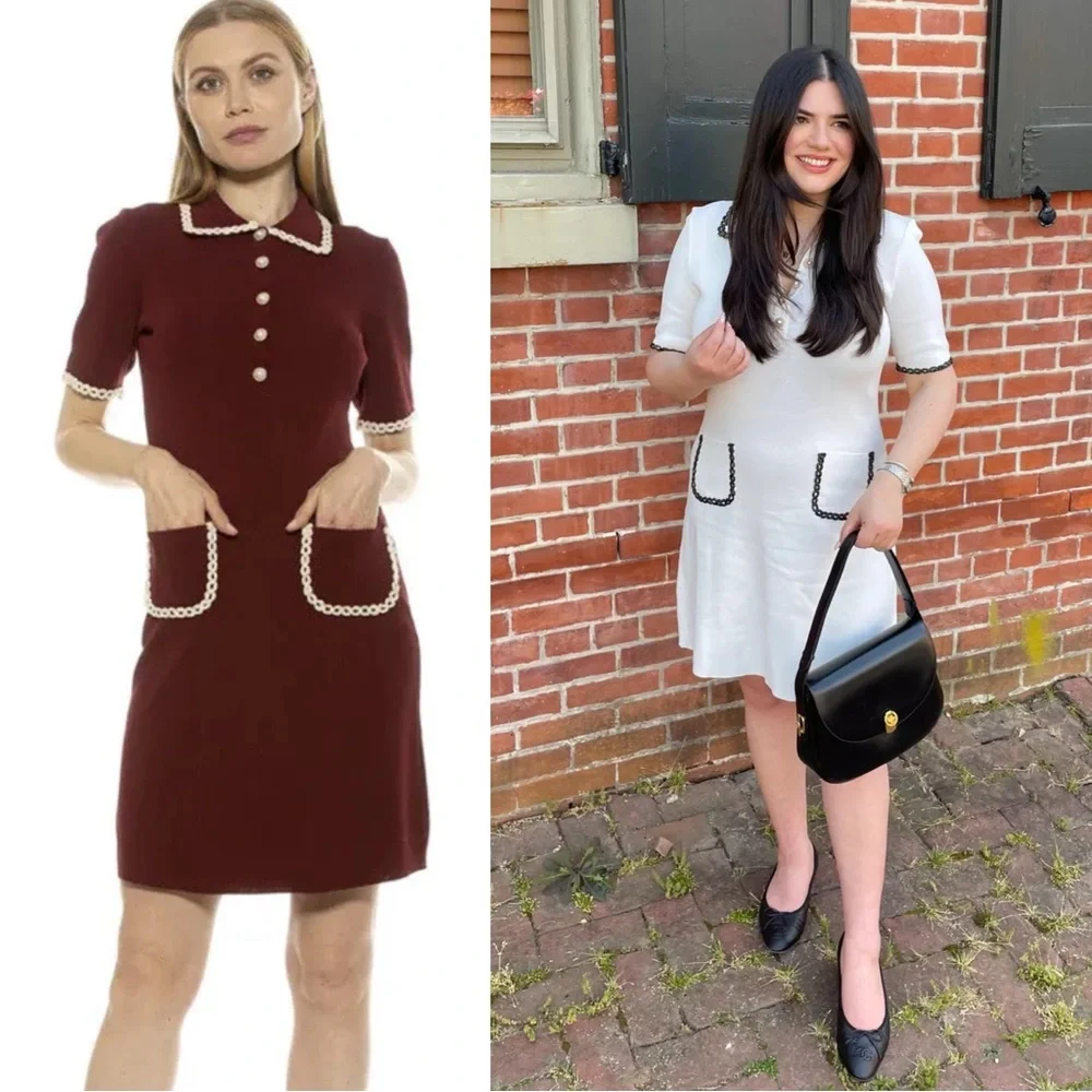 ALEXIA ADMOR Navy Knit Piper Dress w/ Pearl Buttons Embroidered Collar & Pockets - Picture 11 of 13